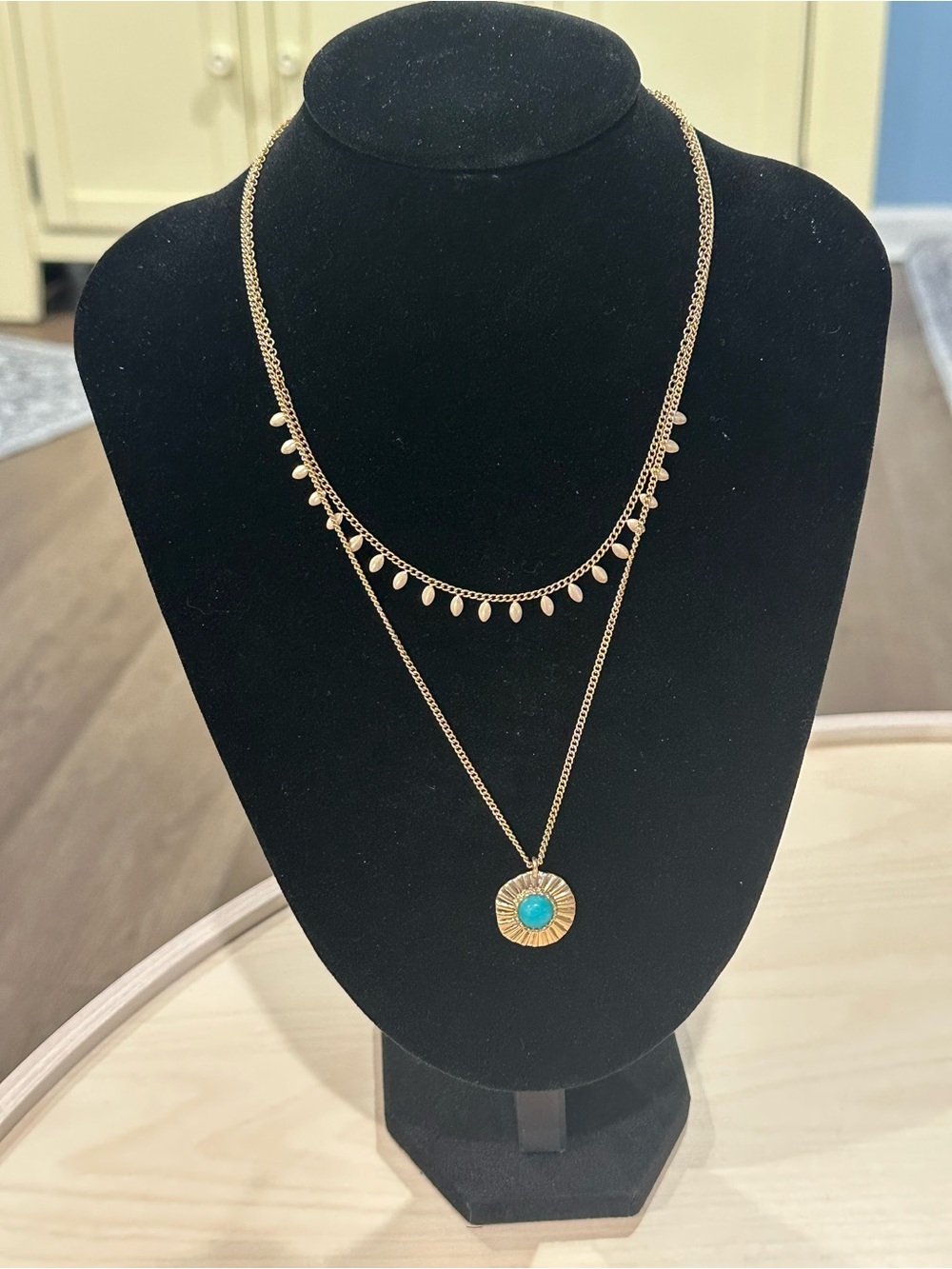 Gold-Tone Layered Necklace with Turquoise Sunburst Pendant